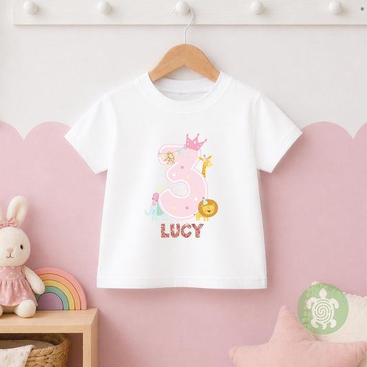 1st 2nd 3rd Birthday Girl Animal Theme Party T-shirt, Personalised First Second Birthday design with Rose Gold Glitter Print Any Age