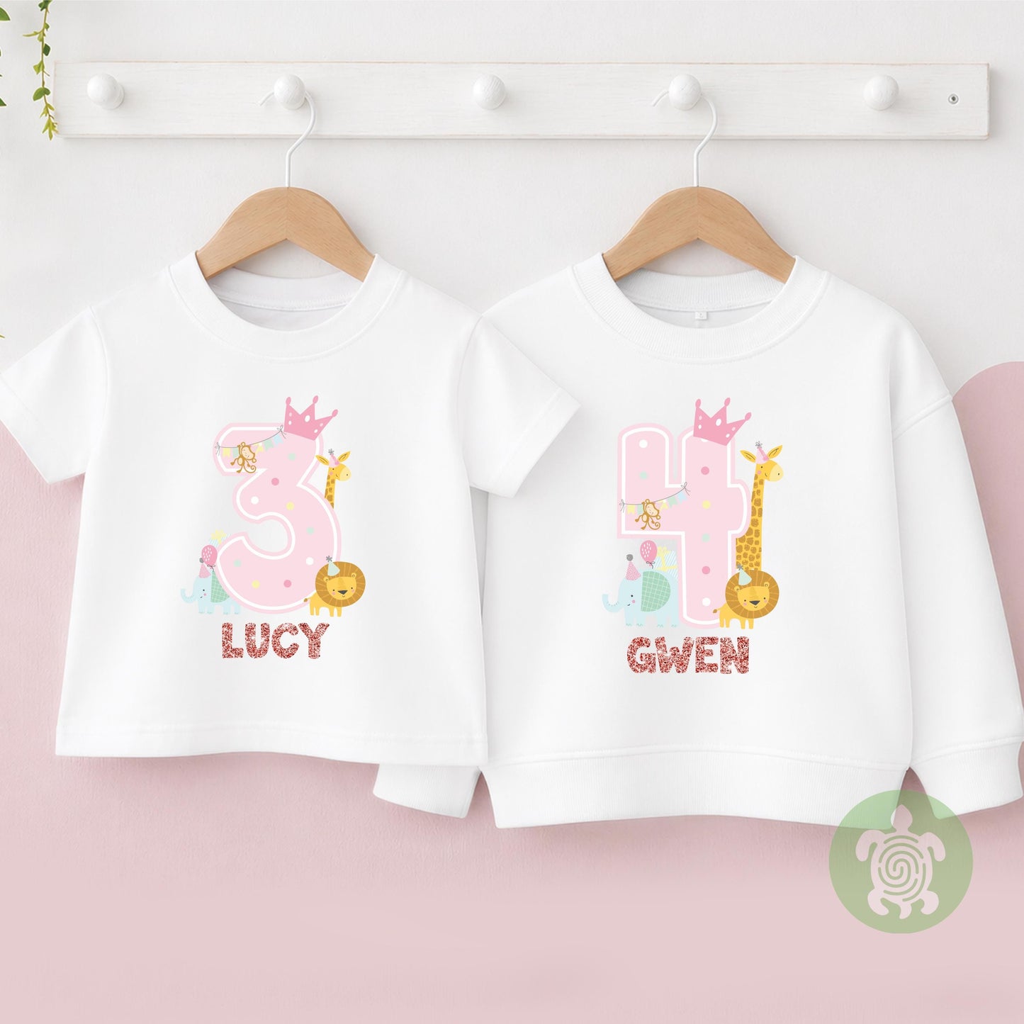 1st 2nd 3rd Birthday Girl Animal Theme Party T-shirt, Personalised First Second Birthday design with Rose Gold Glitter Print Any Age