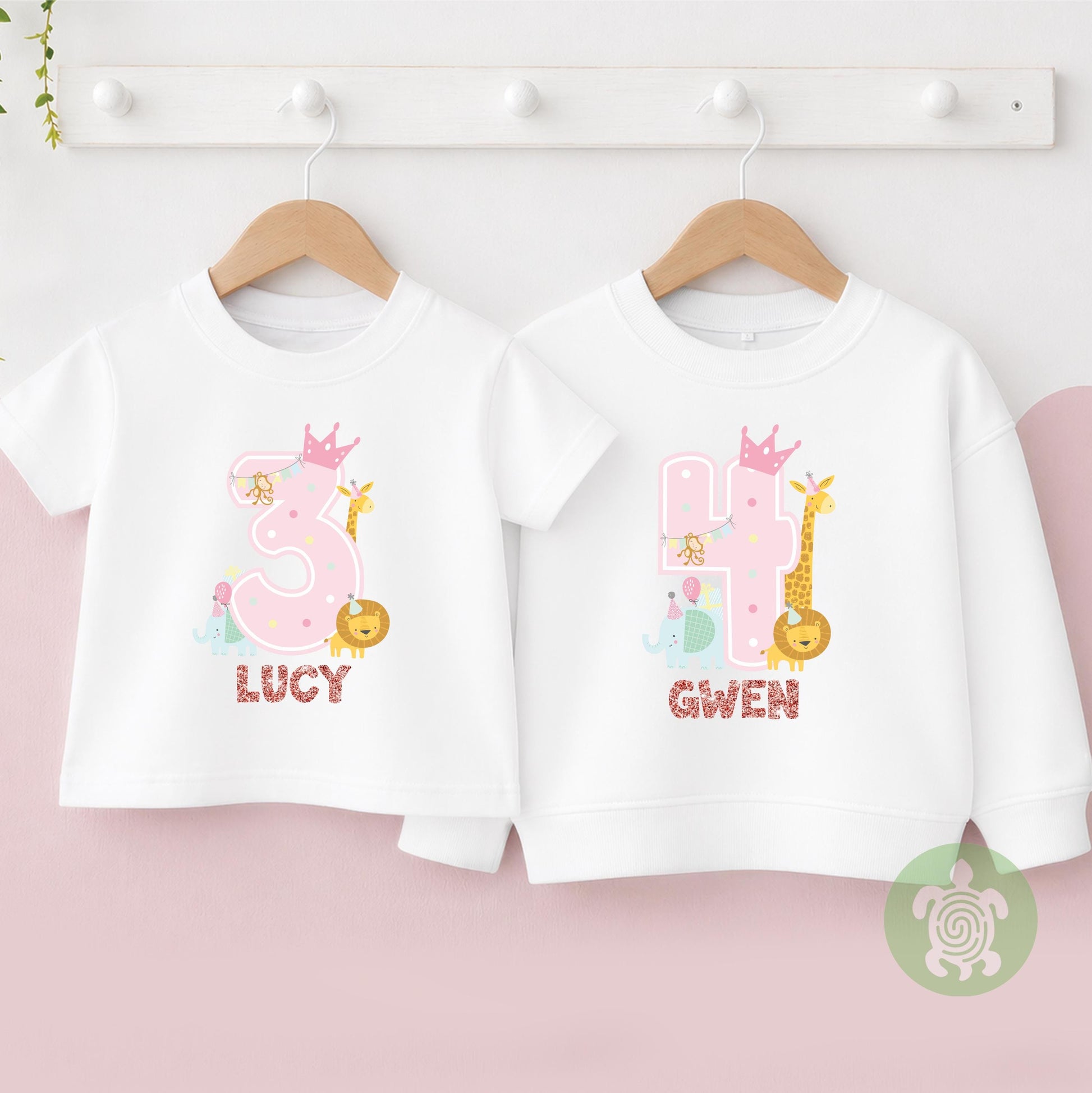 1st 2nd 3rd Birthday Girl Animal Theme Party T-shirt, Personalised First Second Birthday design with Rose Gold Glitter Print Any Age