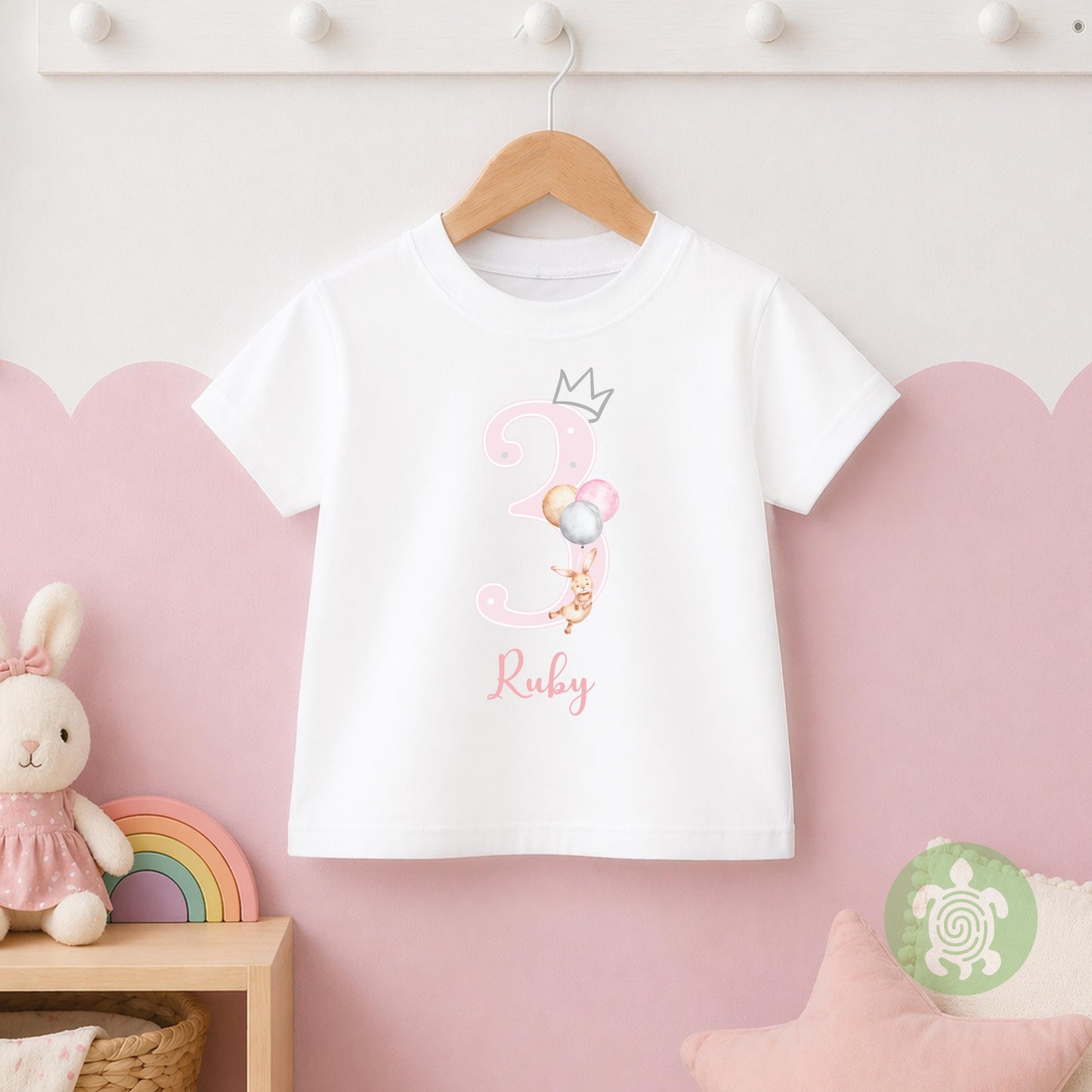 Bunny Balloon Birthday Boy Girl Party T-shirt Top, Personalised 1st 2nd 3rd Birthday design with Baby Pink Print Children's Clothing