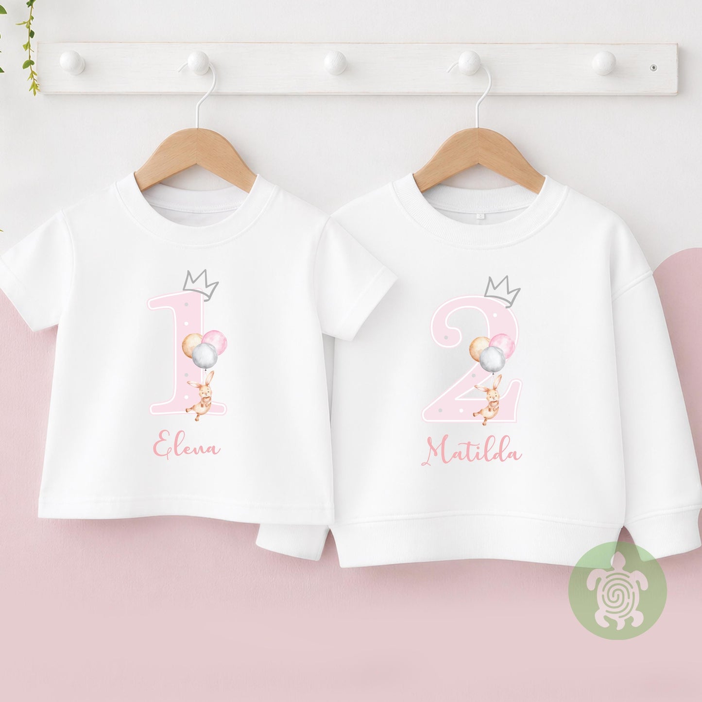 Bunny Balloon Birthday Boy Girl Party T-shirt Top, Personalised 1st 2nd 3rd Birthday design with Baby Pink Print Children's Clothing