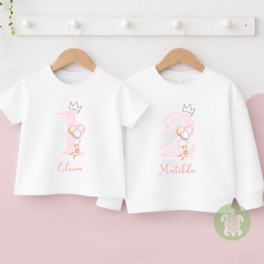 Bunny Balloon Birthday Boy Girl Party T-shirt Top, Personalised 1st 2nd 3rd Birthday design with Baby Pink Print Children's Clothing