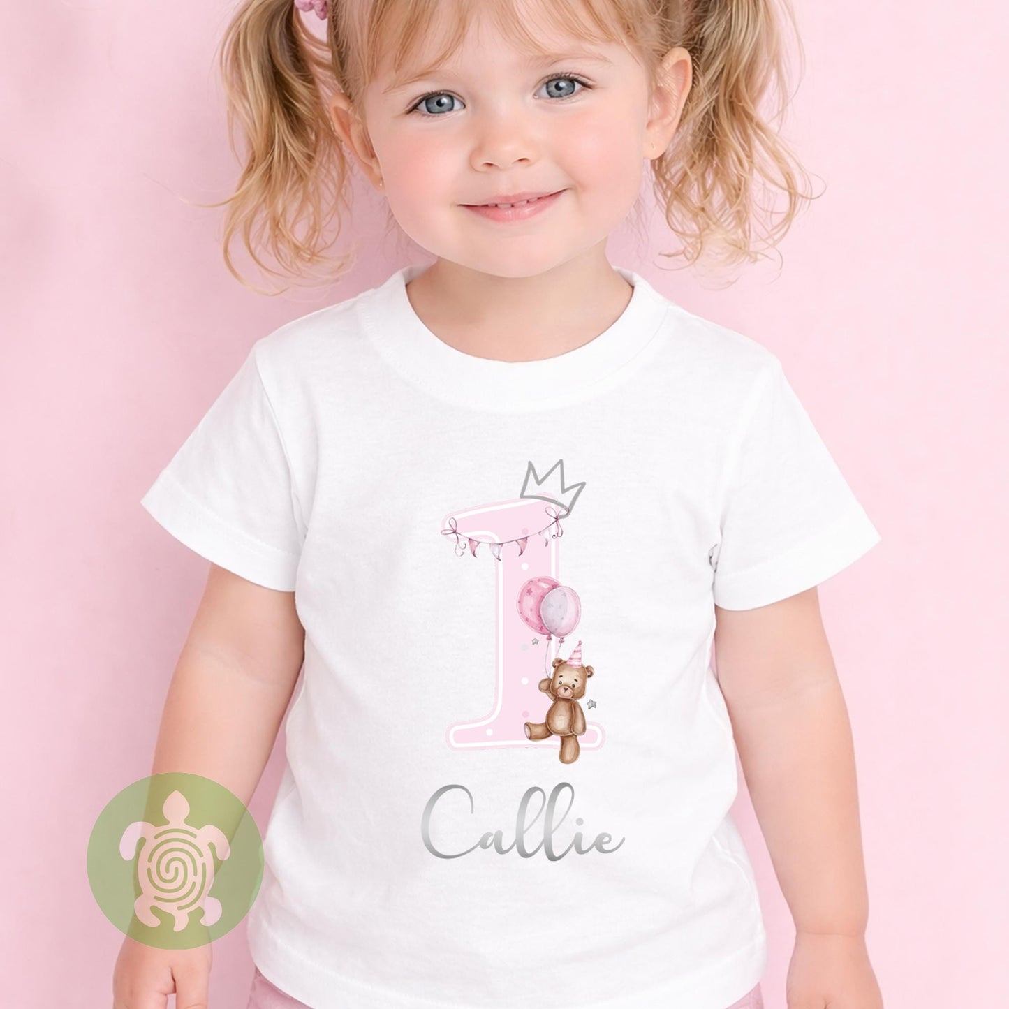 Teddy Bear Pink Birthday Girl Party T-shirt Top, Personalised 1st 2nd 3rd Birthday design with Metallic Silver Print Children's Clothing
