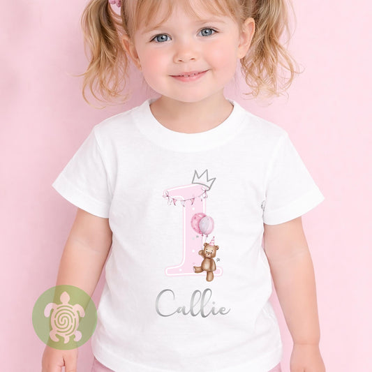 Teddy Bear Pink Birthday Girl Party T-shirt Top, Personalised 1st 2nd 3rd Birthday design with Metallic Silver Print Children's Clothing