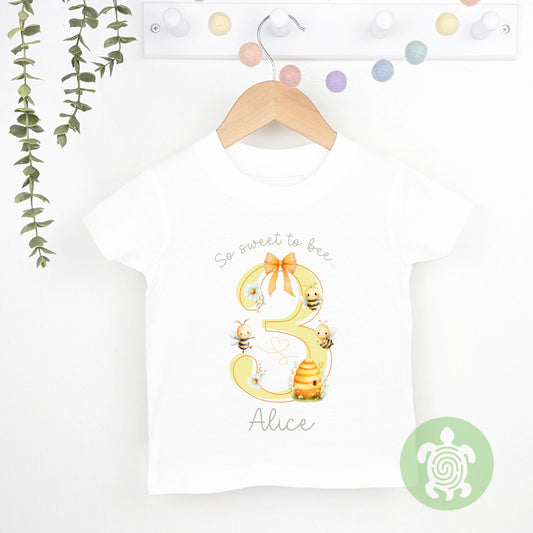 Personalised Too Sweet to Bee.. Any Age Birthday T-Shirt, Bee Theme, Bday Top, Vest, Sleepsuit, Party Outfit, Printed Child Clothing