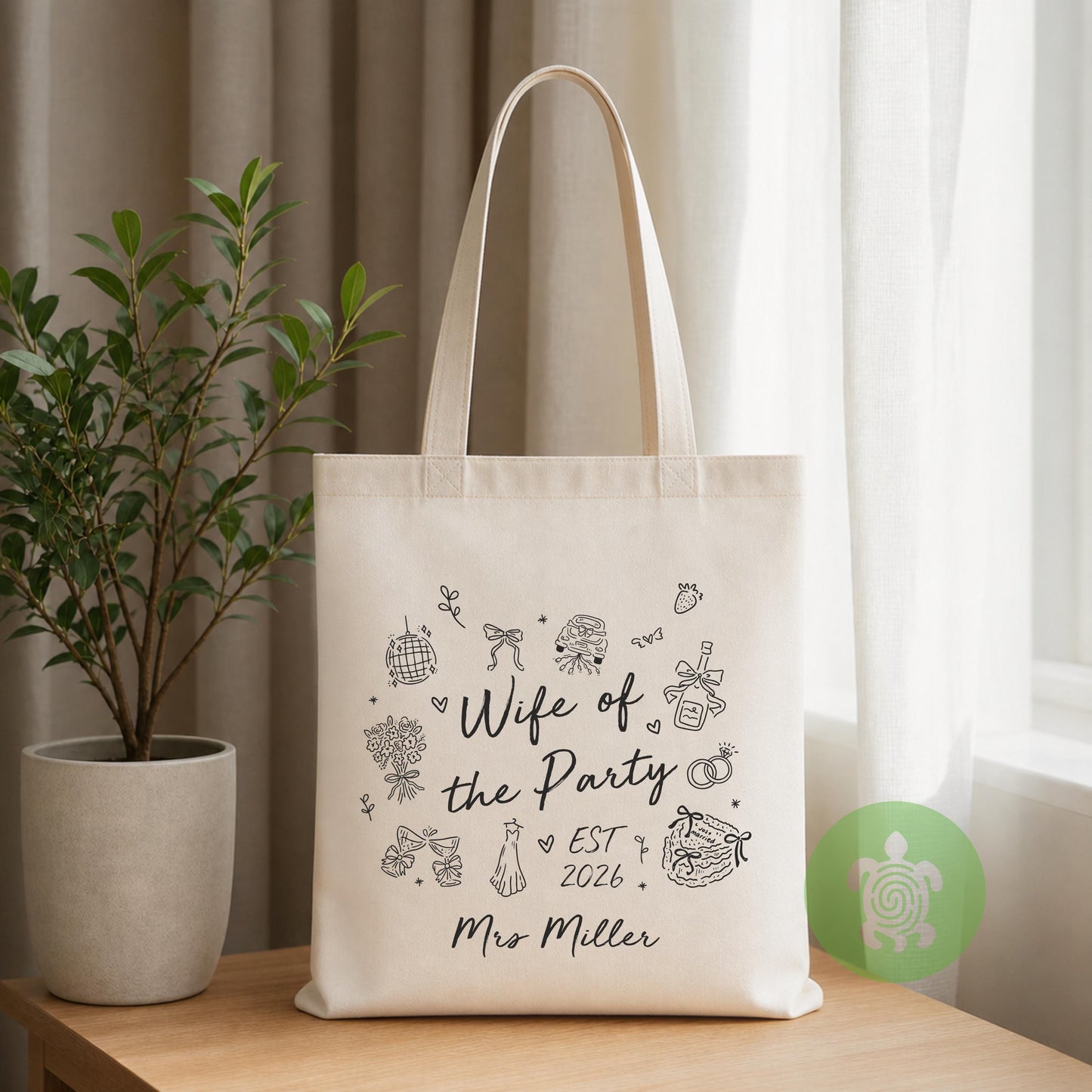 Personalised Wife of the Party Tote Bag, Hand-Drawn Bridal Bag, Honeymoon Beach Bag, Newleywed Gift, Bride Present, Gift for her