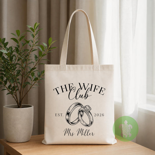 Personalised The Wife Club Tote Bag, Hand-Drawn Bridal Bag, Honeymoon Beach Bag, Newleywed Gift, Bride Present, Gift for her