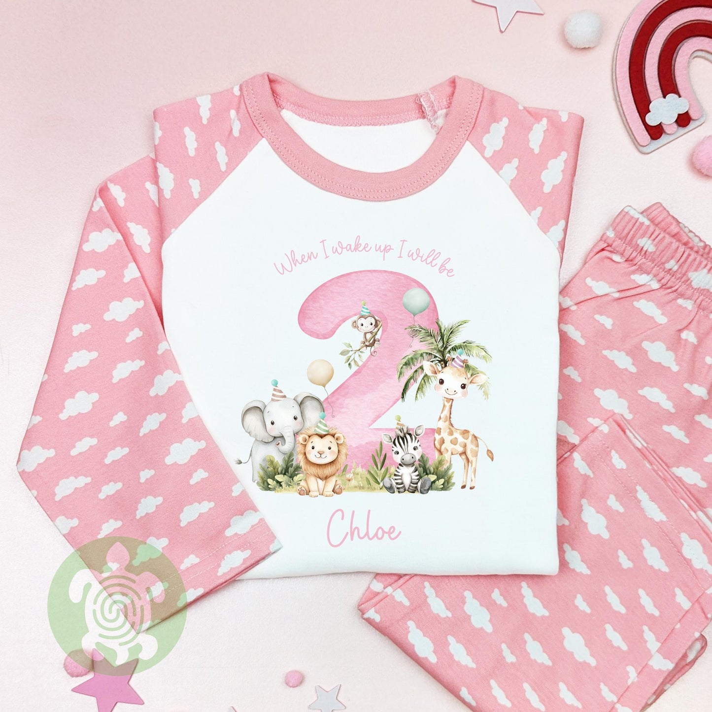 Personalised Pink Safari Party Birthday Pyjamas, Any Age, When I Wake Up Birthday, Girl Birthday, 1st 2nd 3rd, Girls First Birthday Pjs
