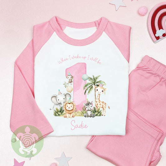 Pink Safari Party Birthday Personalised Kids Outfit, Birthday Morning Animal Set, Custom Name Cotton Clothing Set, Tight-fitting style