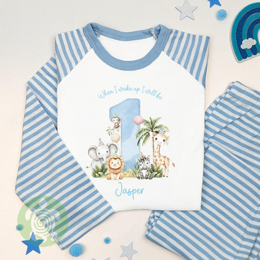 Blue Safari Party Any Age Personalised Kids Outfit, Birthday Morning Animal Set, Custom Name Cotton Clothing Set, Tight-fitting style