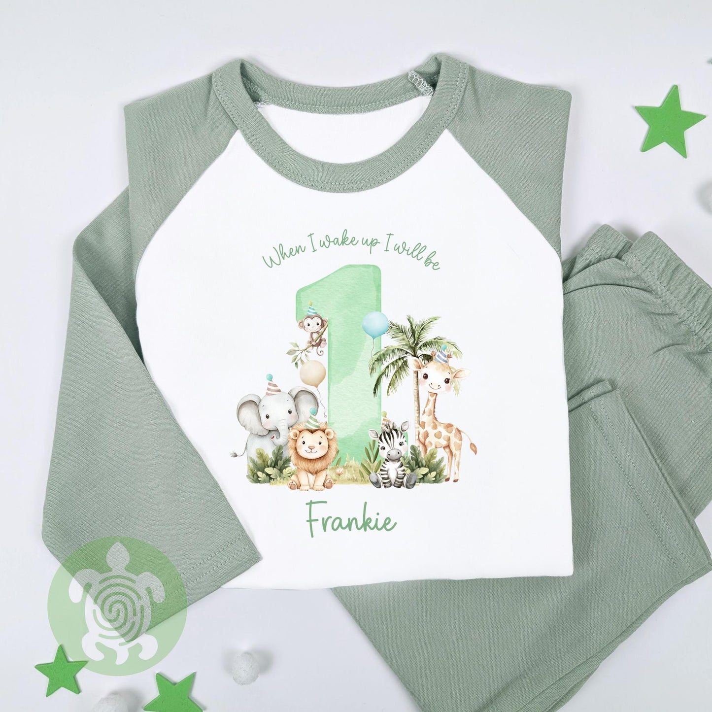 Personalised Green Safari Party Birthday Pyjamas, Any Age, When I Wake Up Birthday, Girl Birthday, 1st 2nd 3rd, Boys First Birthday Pjs