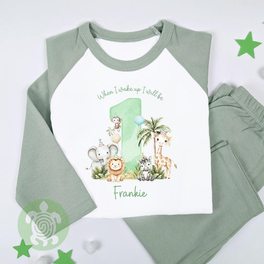 Personalised Green Safari Party Birthday Pyjamas, Any Age, When I Wake Up Birthday, Girl Birthday, 1st 2nd 3rd, Boys First Birthday Pjs