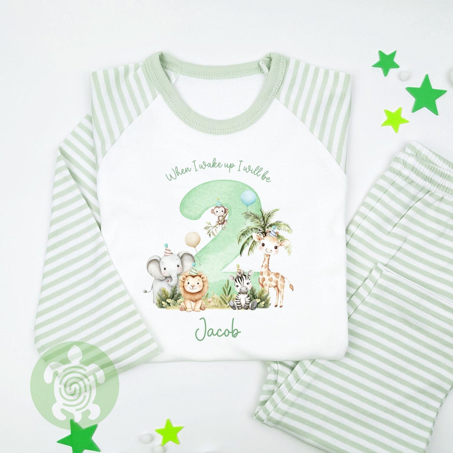 Personalised Green Safari Party Birthday Pyjamas, Any Age, When I Wake Up Birthday, Girl Birthday, 1st 2nd 3rd, Boys First Birthday Pjs