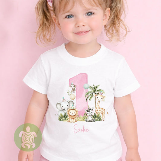 Personalised Children's Safari Number Pink Birthday T-shirt, Wild One, Safari Animal First Birthday, Toddler Girl, T-shirt, Party Outfit