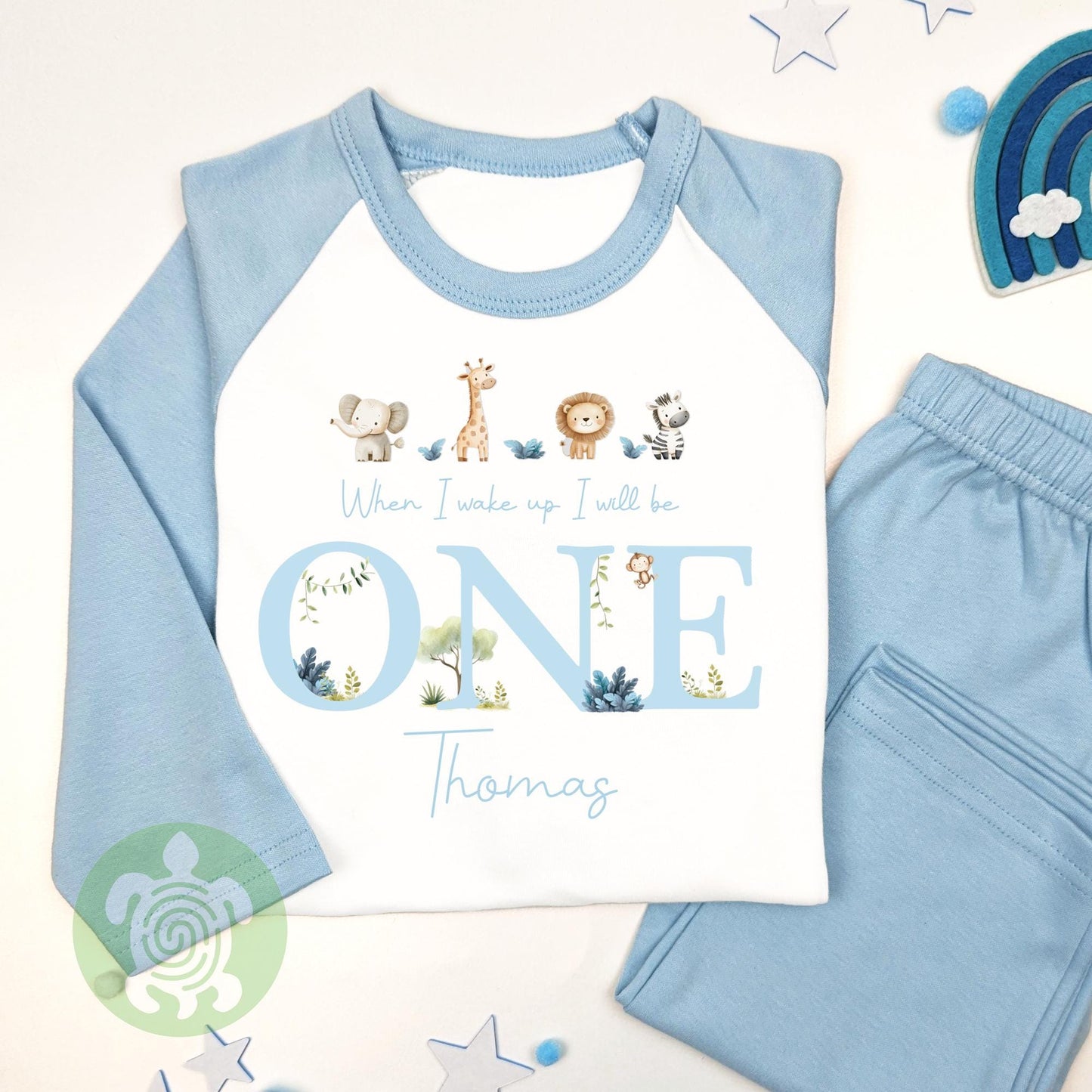 Neutral Blue Four Safari Animals Personalised Children's, Any Age, When I Wake Up Birthday, Boy Birthday Outfit, 1st 2nd, Birthday Eve