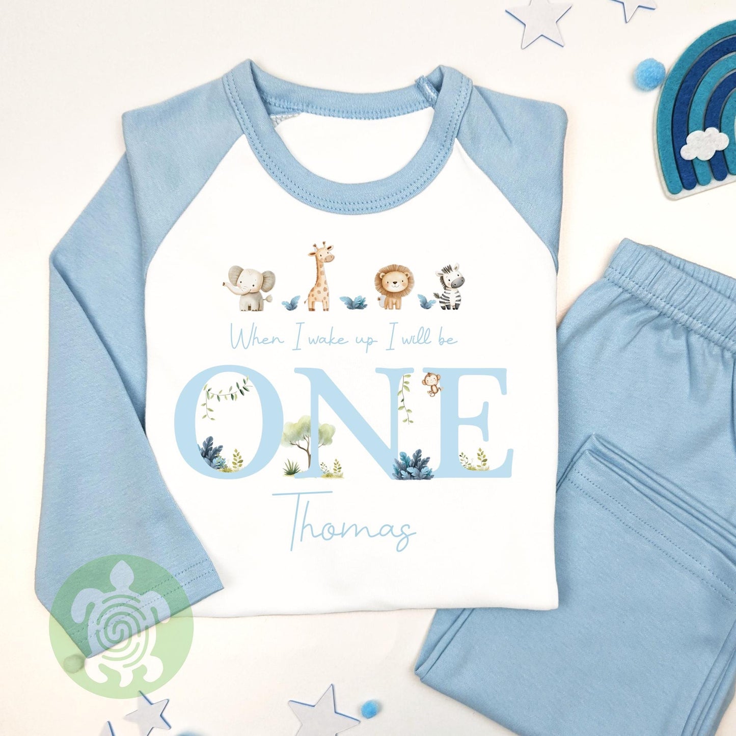 Neutral Blue Four Safari Animals Personalised Kids Outfit, Birthday Morning Set, Custom Name Cotton Clothing Set, Tight-fitting style