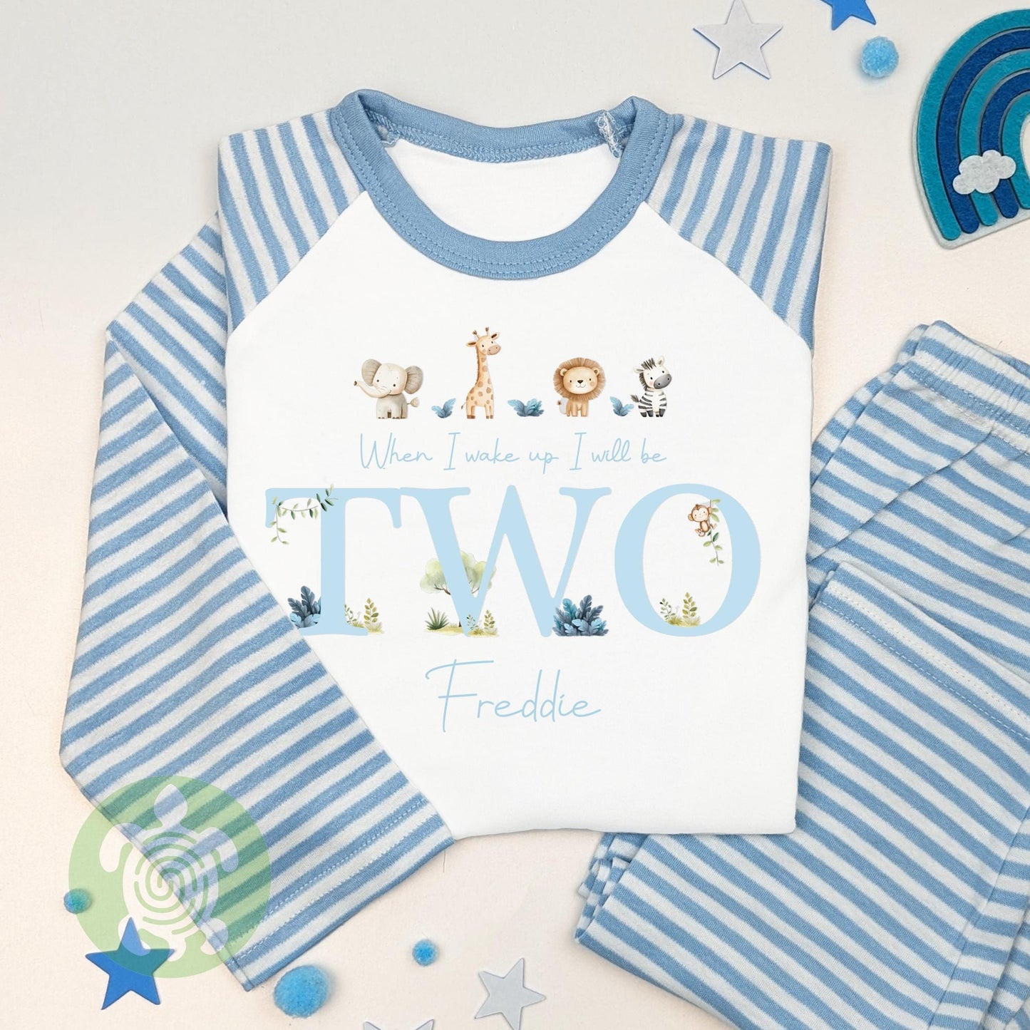 Neutral Blue Four Safari Animals Personalised Kids Outfit, Birthday Morning Set, Custom Name Cotton Clothing Set, Tight-fitting style