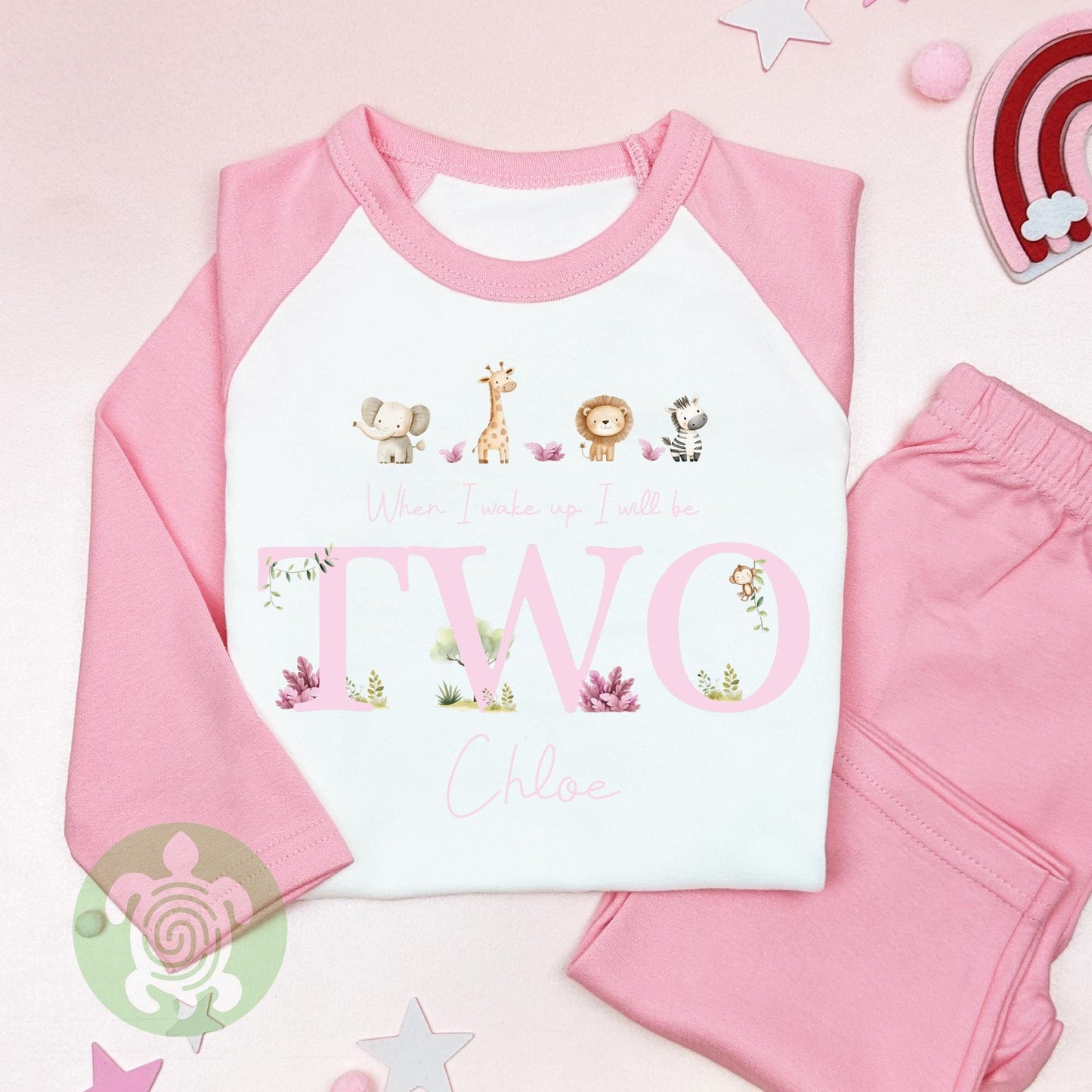 Personalised Children's Pink Four Safari Animals Pyjamas, Any Age, When I Wake Up Birthday, Girl Birthday Outfit, 1st 2nd, Birthday Eve
