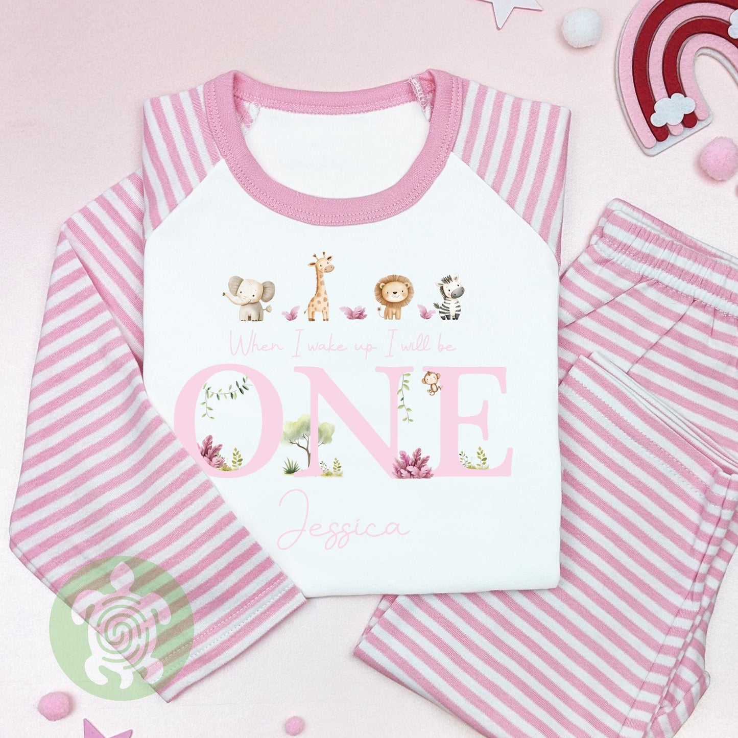 Personalised Children's Pink Four Safari Animals Pyjamas, Any Age, When I Wake Up Birthday, Girl Birthday Outfit, 1st 2nd, Birthday Eve