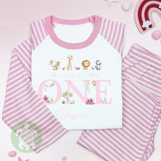 Personalised Children's Pink Four Safari Animals Pyjamas, Any Age, When I Wake Up Birthday, Girl Birthday Outfit, 1st 2nd, Birthday Eve