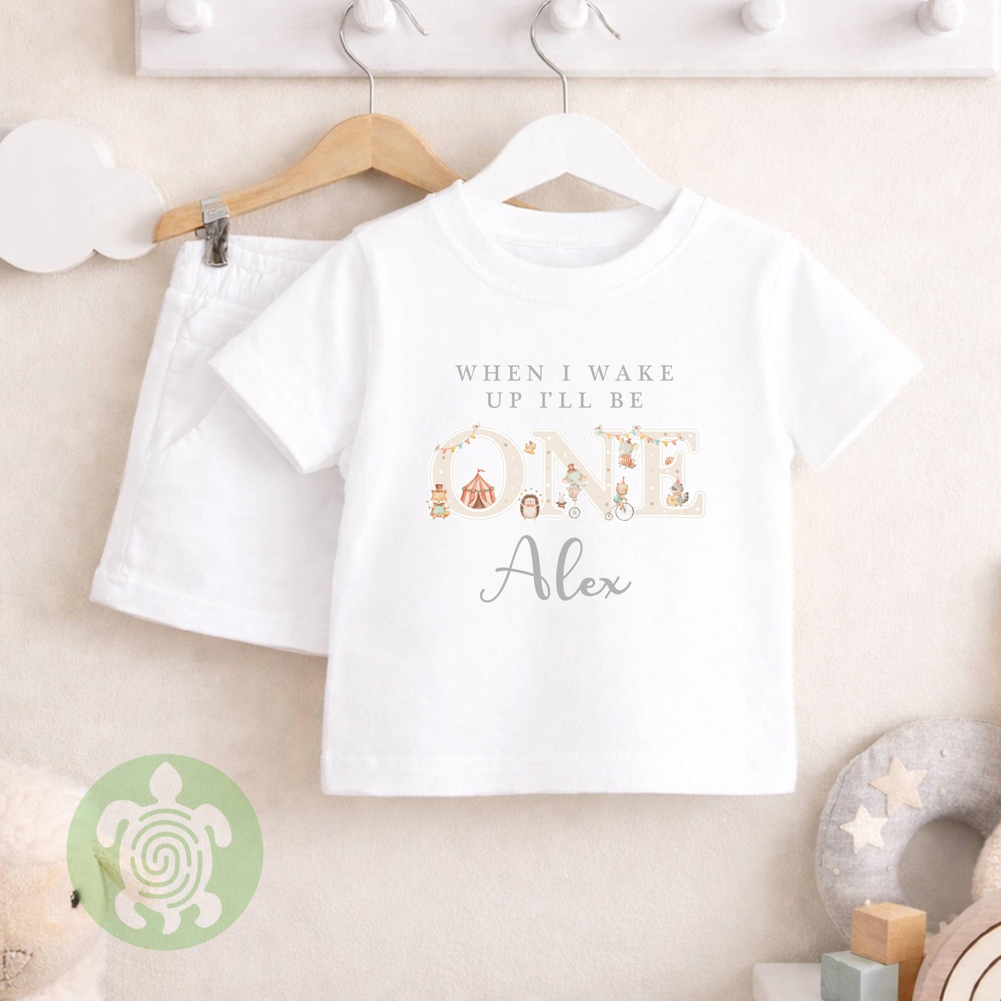 Green/Beige Themed Any Age Birthday Boys Plain Shorts & T-shirt Pj's Set, 1st,2nd,3rd Birthday, Children Toddler Personalised Pyjamas