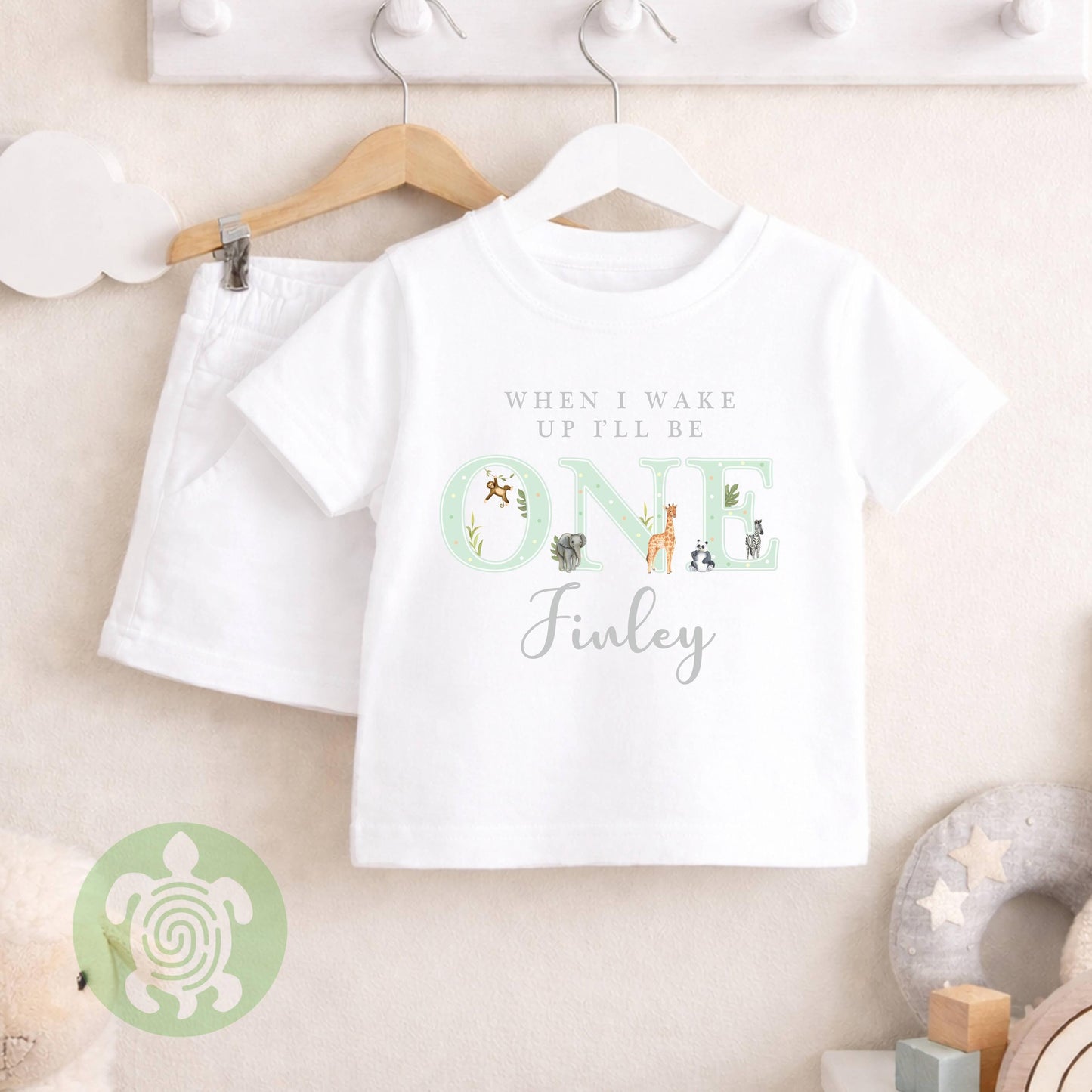 Green/Beige Themed Any Age Birthday Boys Plain Shorts & T-shirt Pj's Set, 1st,2nd,3rd Birthday, Children Toddler Personalised Pyjamas