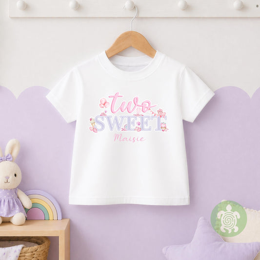 Two Sweet Theme 1st Birthday Party T-shirt Top, Personalised Second Birthday design with Baby Pink Print Children's Tee, Sweet Girl 2nd Bday