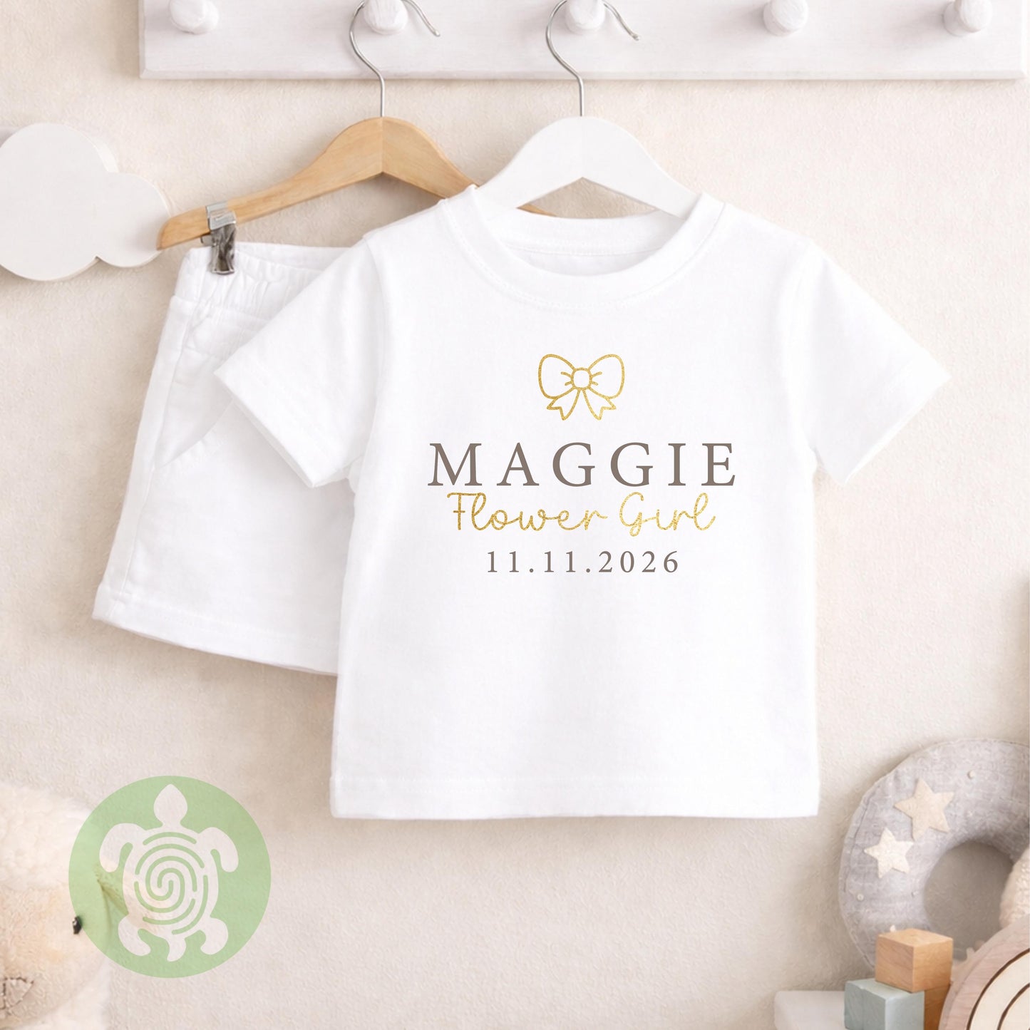 Glitter Flower Girl Wedding Bow Tie Personalised Toddler Loungewear, Green, Blue, Silver, Neutral Special Occasion, Flower Pyjamas, Wedding