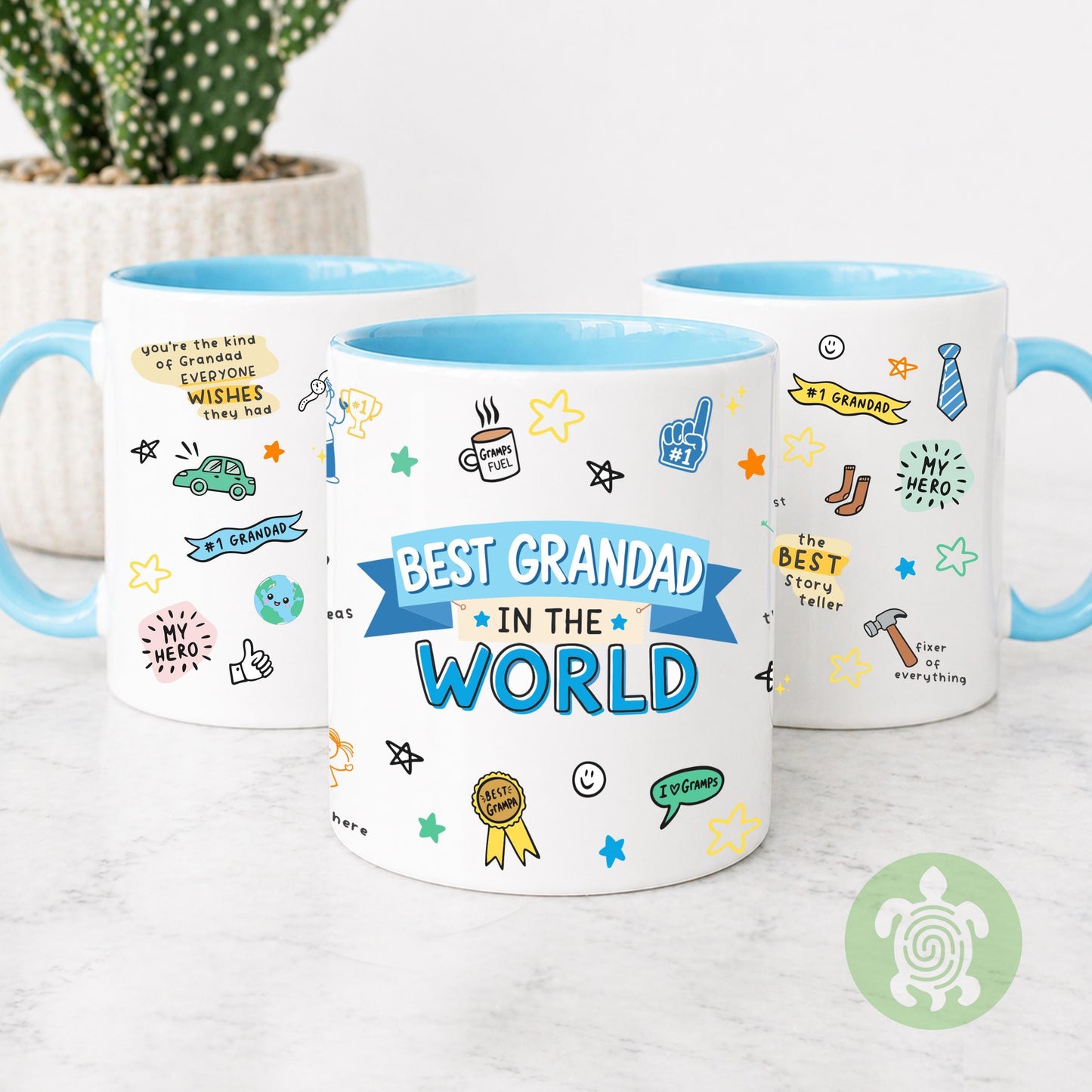 The Best Grandad in the World Mug, Birthday Gift For Grampa, From Son, Daughter, Funny Father's Day Gift, First Time Gramps, Blue Handle Mug