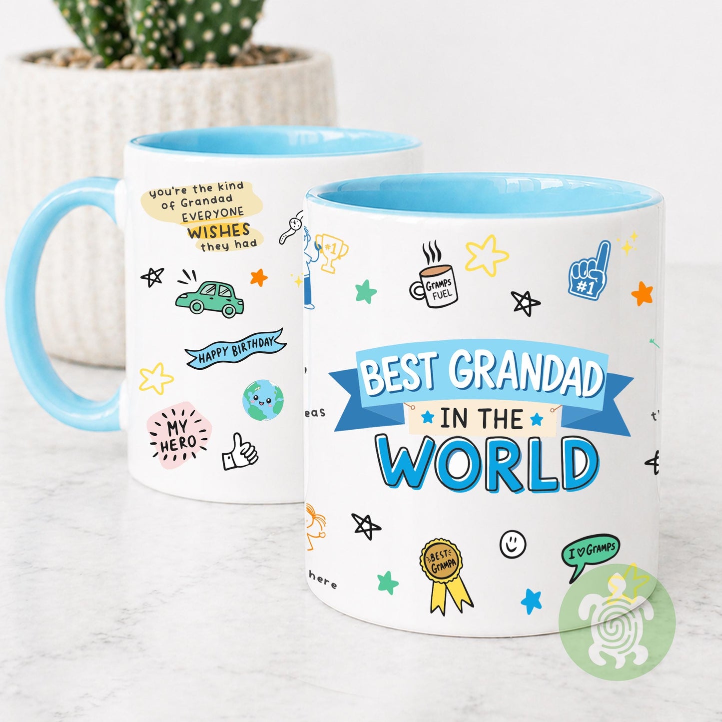 The Best Grandad in the World Mug, Birthday Gift For Grampa, From Son, Daughter, Funny Father's Day Gift, First Time Gramps, Blue Handle Mug