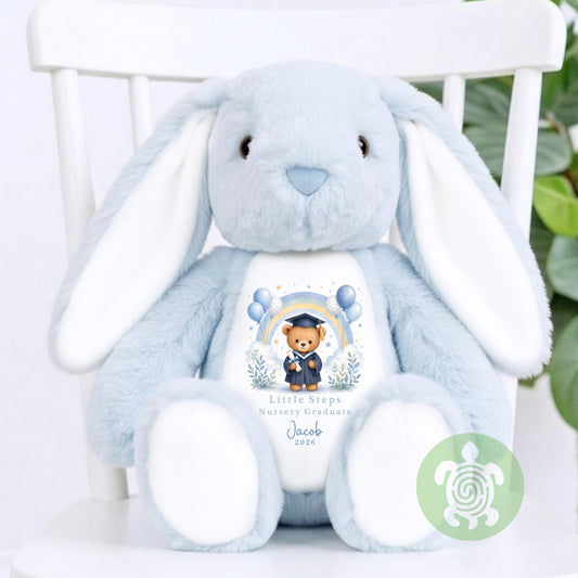 Personalised Graduation Blue Rainbow Nursery Bunny, Nursery Graduation Teddy, Personalised Last Day of Nursery, School Leavers
