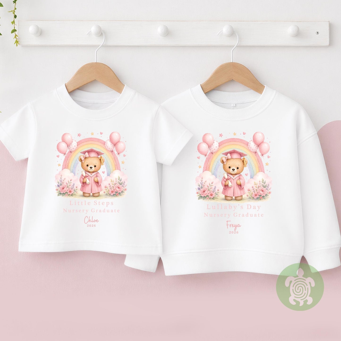 Personalised Pink Nursery Graduation Rainbow Bunny Top, Nursery Graduation Teddy, Personalised Last Day of Nursery, Nursery Leavers T Shirt