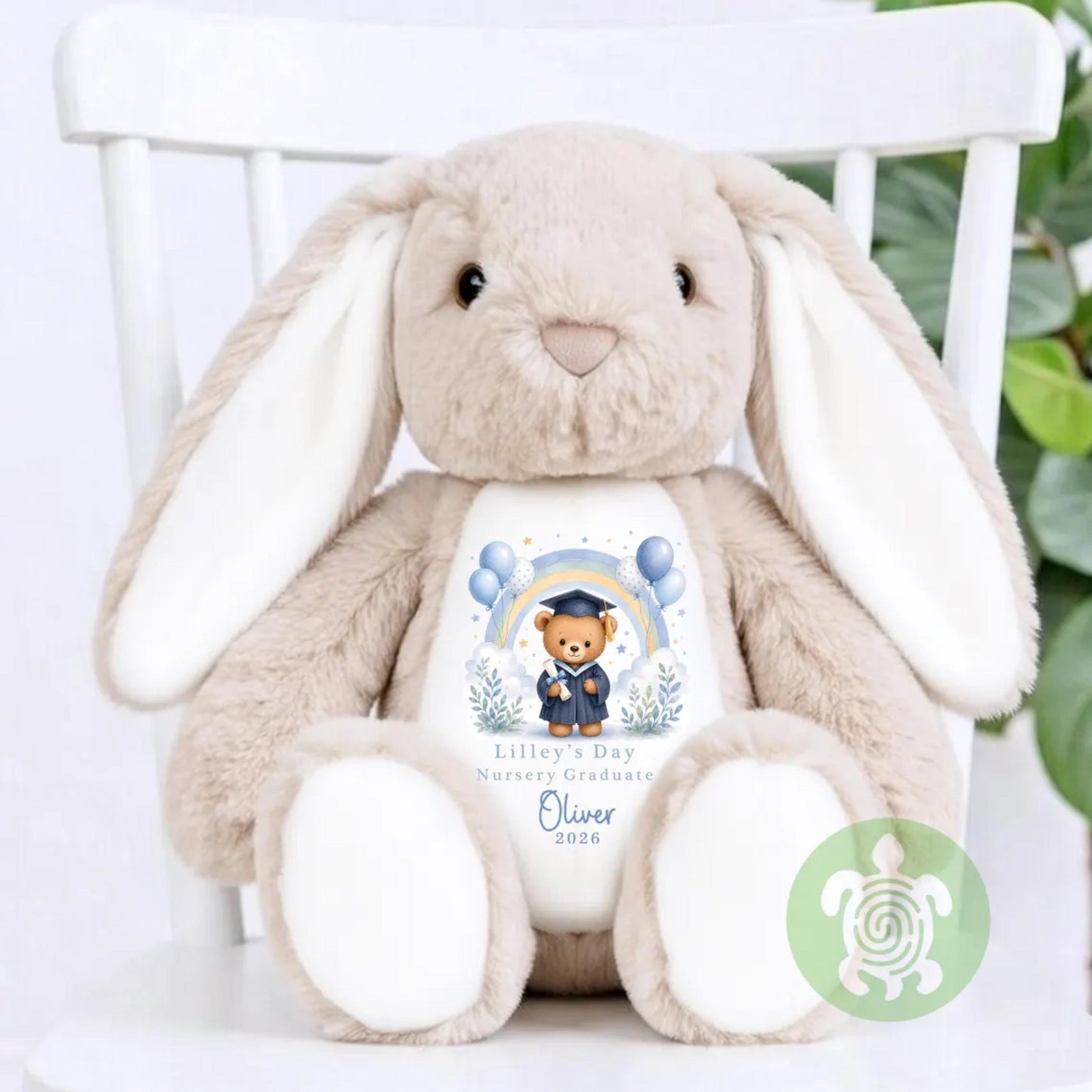 Personalised Blue Nursery Graduation Rainbow Bunny Top, Nursery Graduation Teddy, Personalised Last Day of Nursery, Nursery Leavers T Shirt