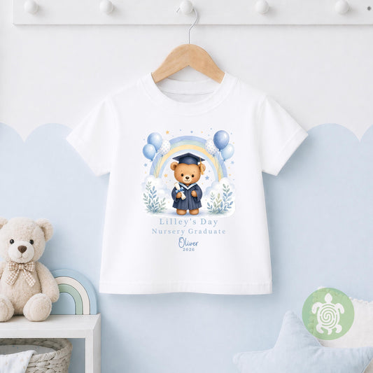 Personalised Blue Nursery Graduation Rainbow Bunny Top, Nursery Graduation Teddy, Personalised Last Day of Nursery, Nursery Leavers T Shirt