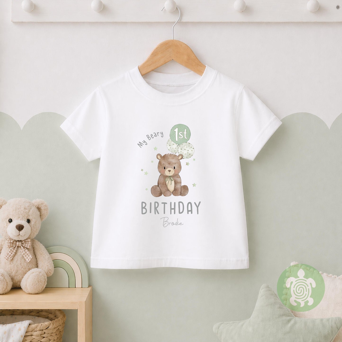 Personalised Green Beary 1st Birthday Children's T-shirt, 1st Birthday Party Outfit, Childs Clothing, BabyVest, Printed Birthday Sweatshirt