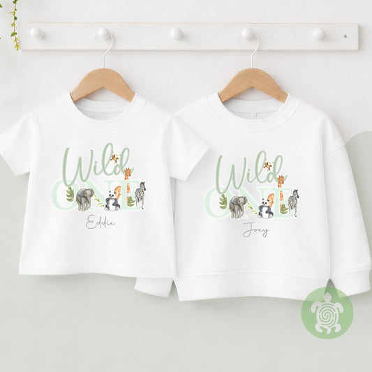 Wild One Green Safari Jungle theme 1st Birthday Party Sweatshirt, Personalised First Birthday design Childs Jumper T-shirt Baby Boy Girl