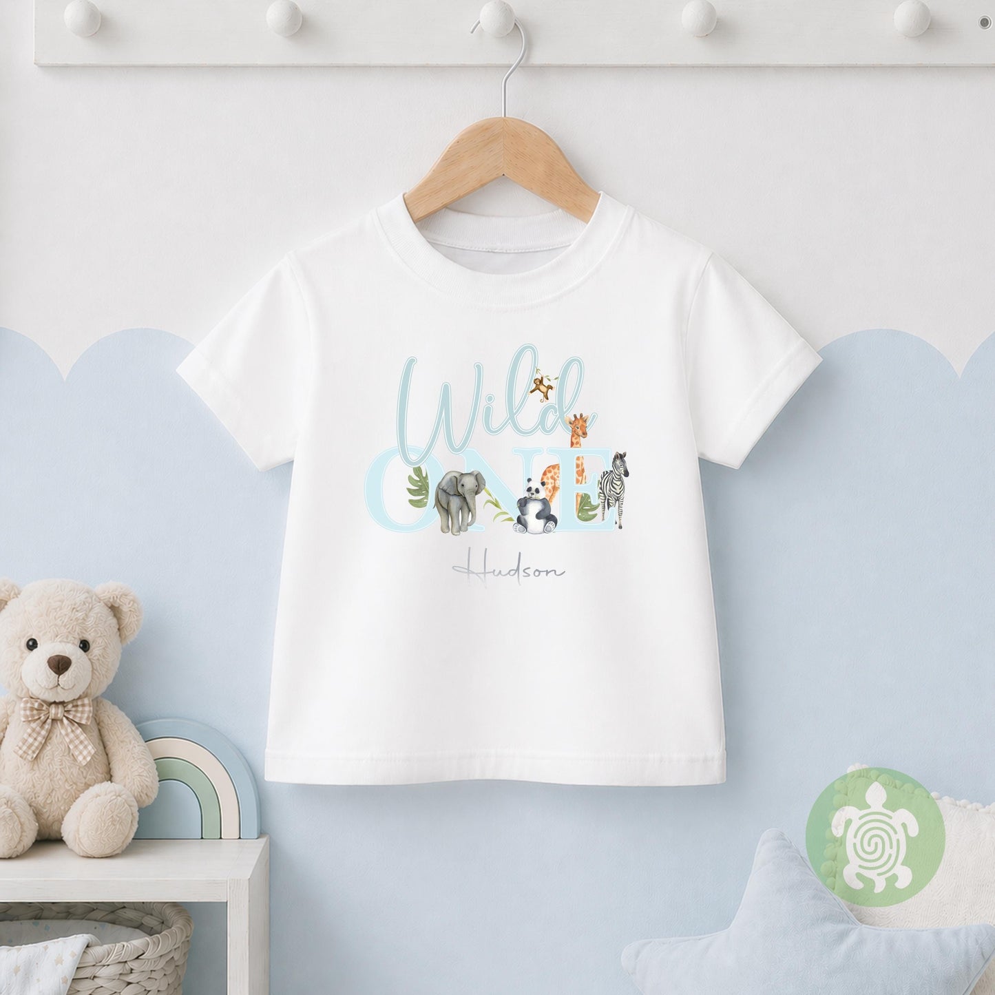 Wild One Blue Safari Jungle theme 1st Birthday Party T-shirt Top, Personalised First Birthday design Childs Tee, Children's Sweatshirt