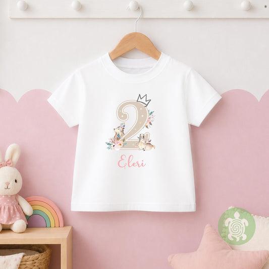 Woodland Bohemian 1st Birthday Party T-shirt, Personalised Floral Watercolour First Birthday design with Pink Print
