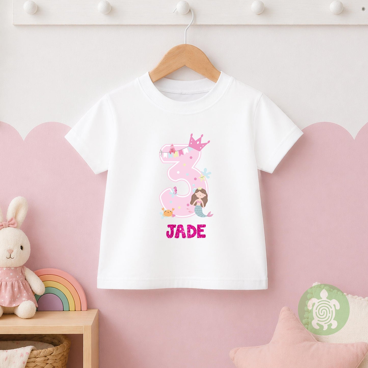 1st Birthday Girl Mermaid Party T-shirt,  Personalised First Birthday design with Rose Gold Glitter Print, Any Age Tee, Children's Party Top