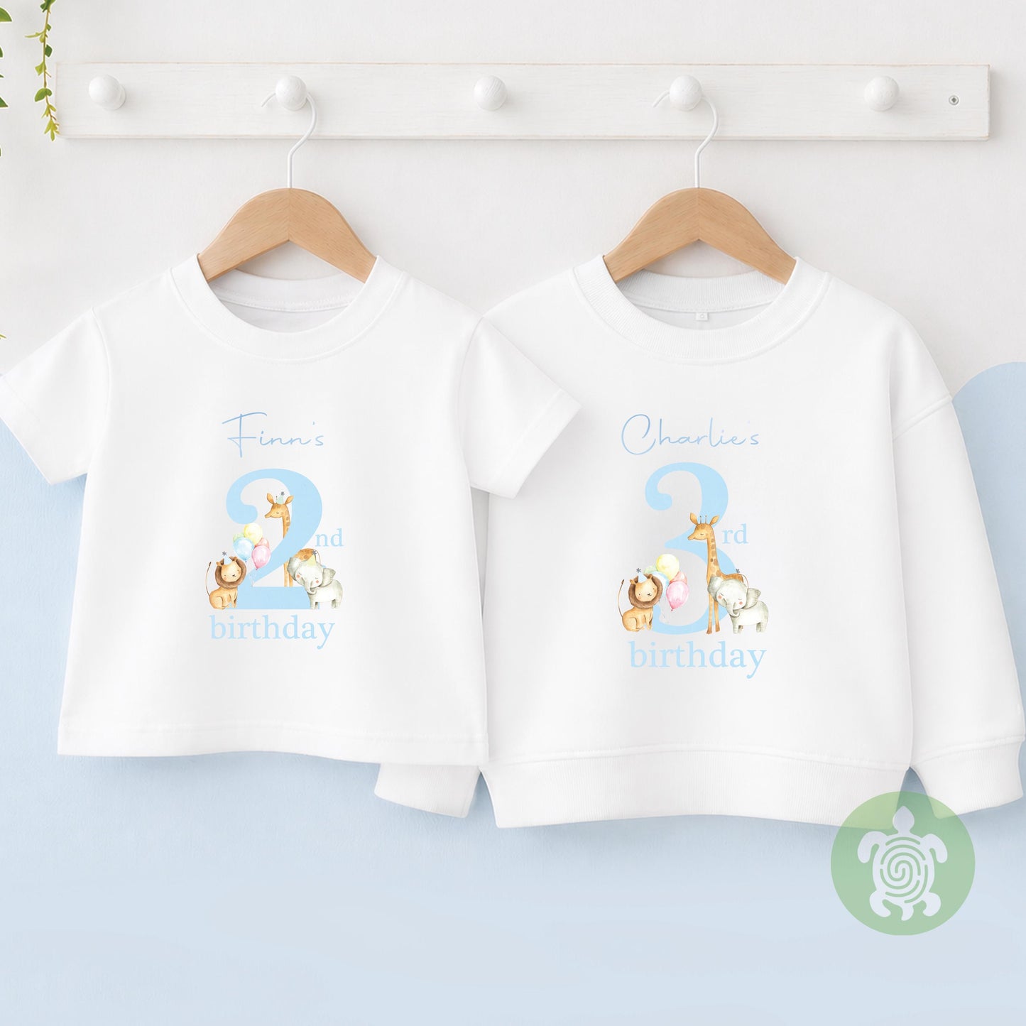 Pastel Safari Jungle theme Birthday Party T-shirt Top, Personalised 1st 2nd 3rd Birthday design with Metallic Blue  Print Children's Tee