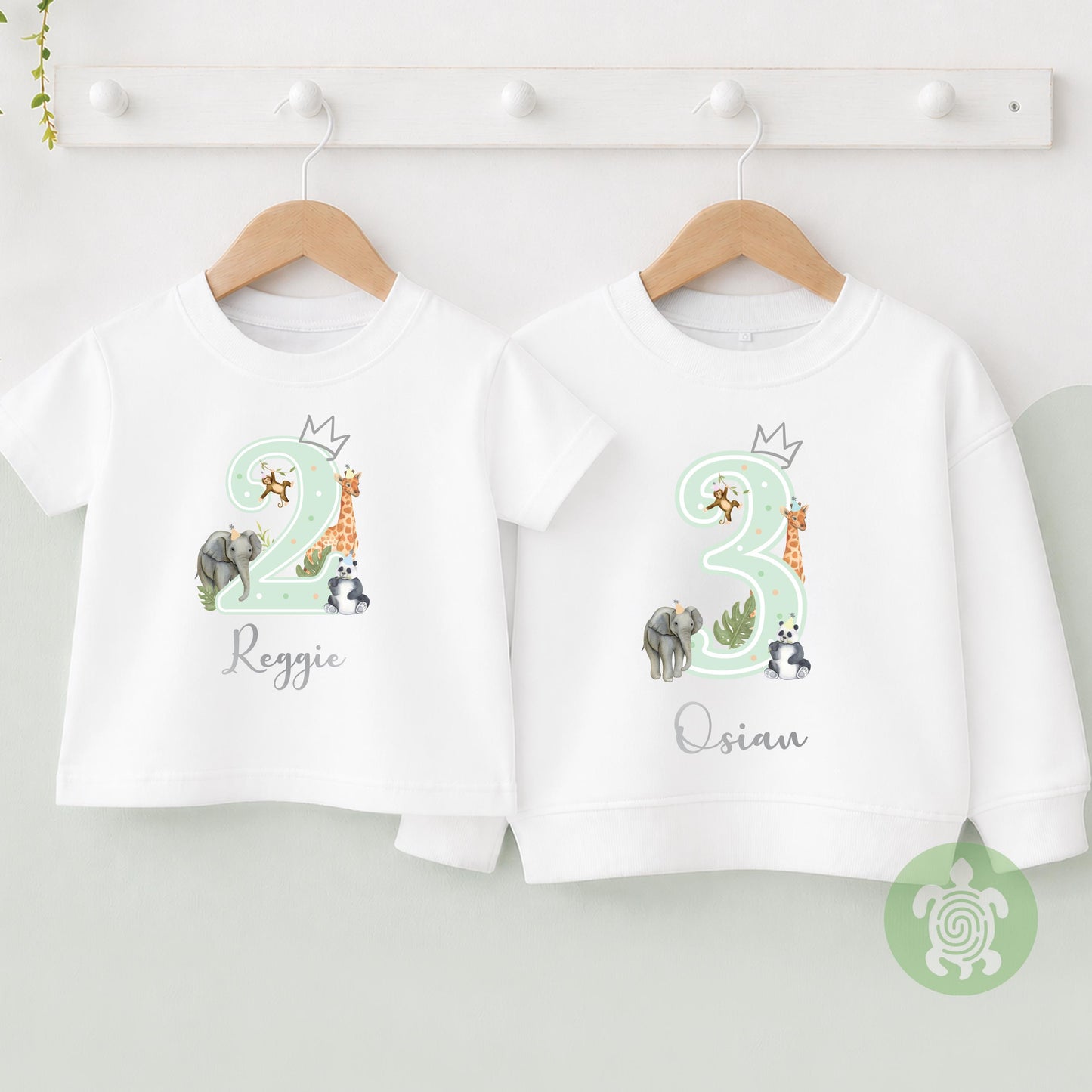 Safari Jungle theme 1st 2nd Birthday Party T-shirt Top, Personalised First Second Birthday design with Metallic Silver Print Children's Tee