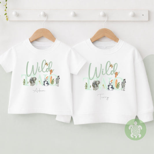Wild Two Green Safari Jungle theme 2nd Birthday Party Sweatshirt, Personalised Second Birthday design Childs Jumper Sweatshirt,Kids Girl Boy