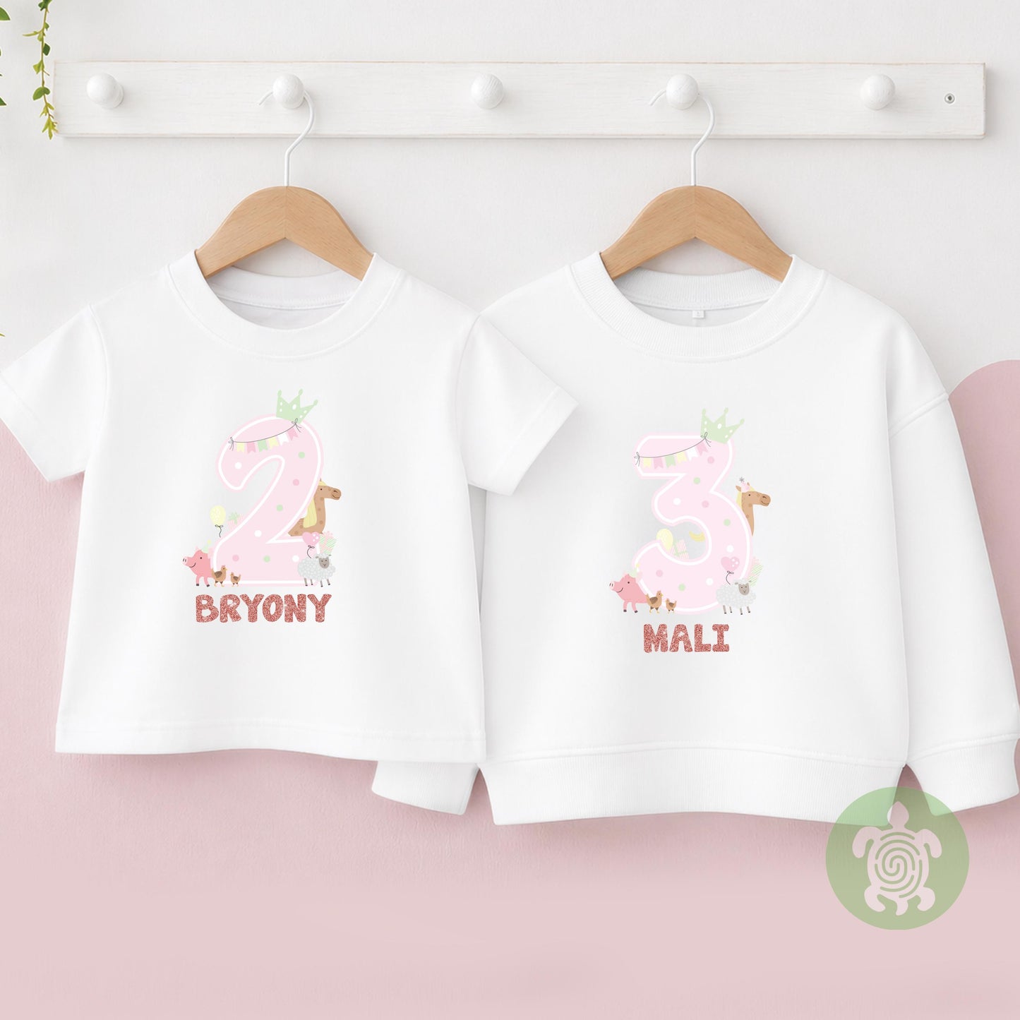 1st Birthday Girl Farm Animal Party T-shirt, Personalised First Birthday design with Rose Gold Glitter Print, Any Age Tee