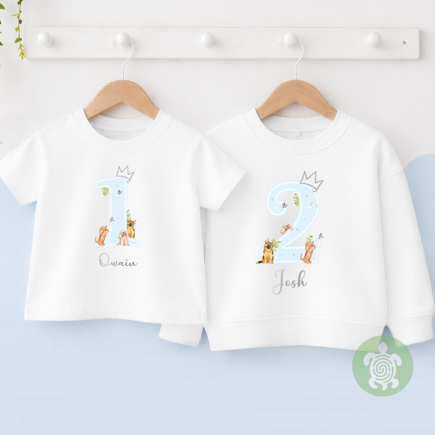 Dog Pet Blue Birthday Boy Party T-shirt Top, Personalised 1st 2nd 3rd Birthday design with Grey Print Children's Clothing