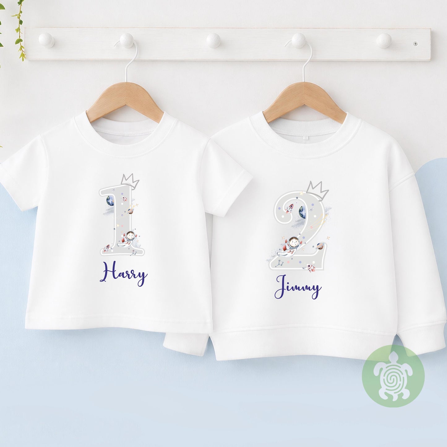 Watercolour Space theme 1st 2nd Birthday Party T-shirt Top, Personalised First Second Birthday design with Navy Print Children's Tee