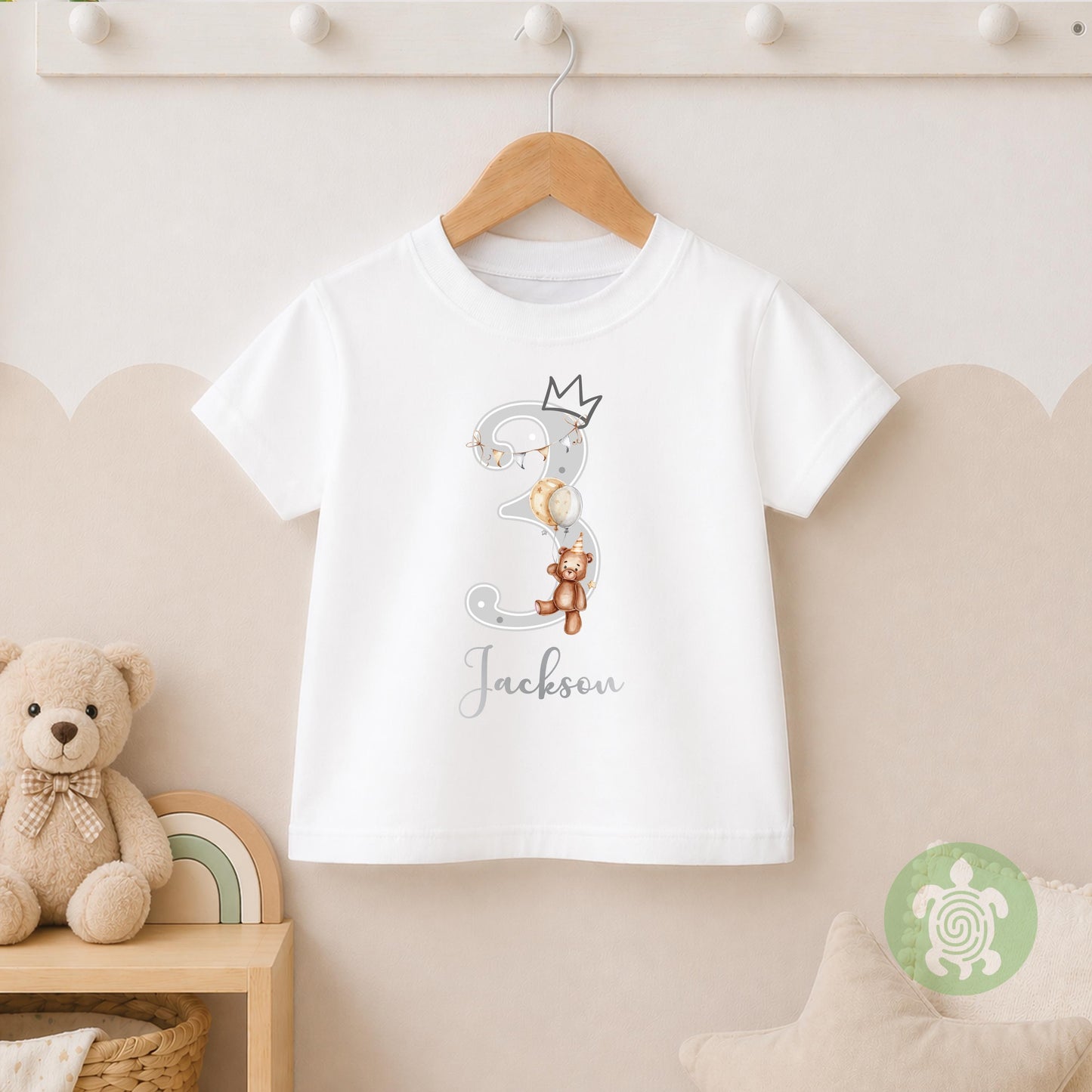 Teddy Bear Birthday Boy Girl Party T-shirt Top, Personalised 1st 2nd 3rd Birthday design with Metallic Silver Print Children's Clothing