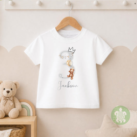 Teddy Bear Birthday Boy Girl Party T-shirt Top, Personalised 1st 2nd 3rd Birthday design with Metallic Silver Print Children's Clothing