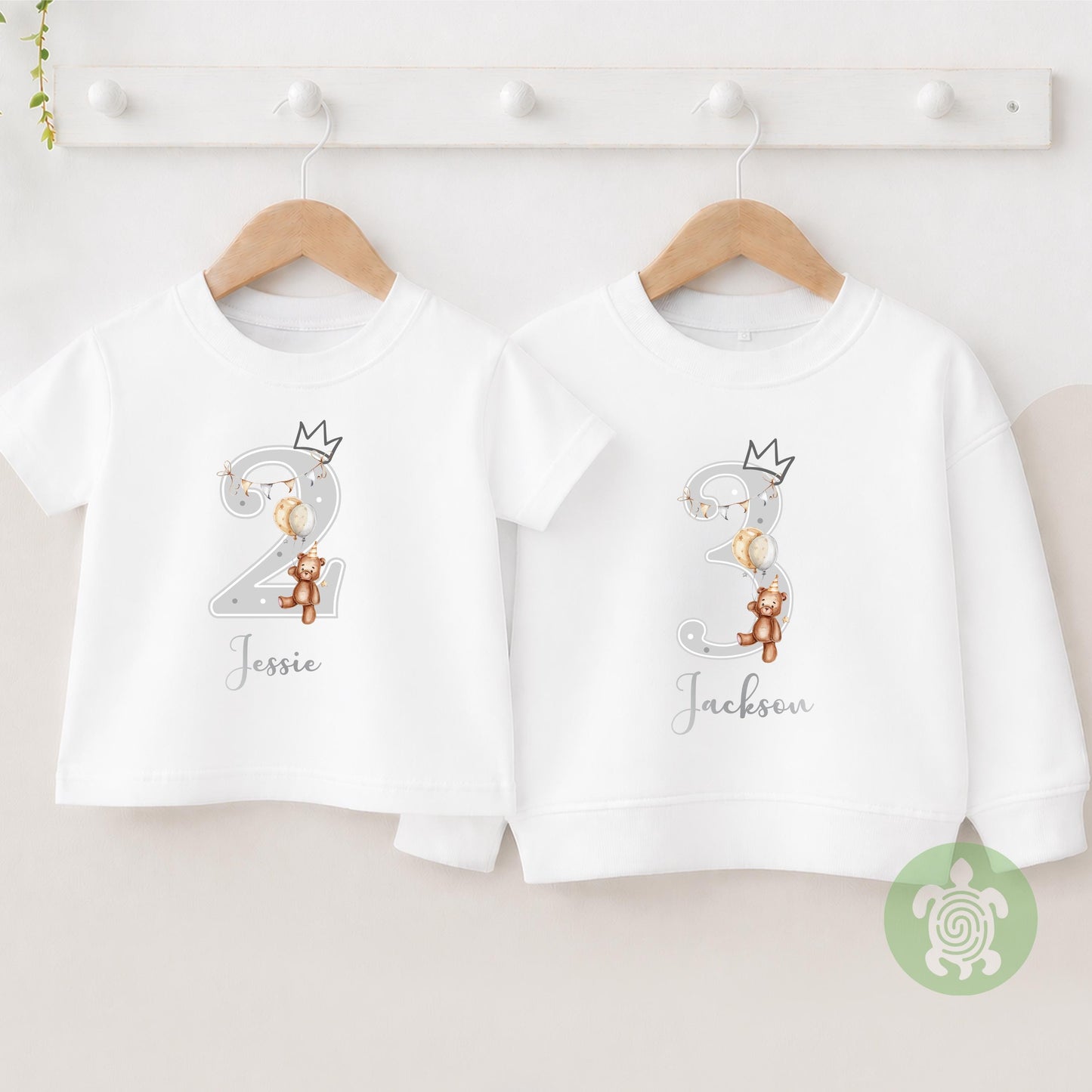 Teddy Bear Birthday Boy Girl Party T-shirt Top, Personalised 1st 2nd 3rd Birthday design with Metallic Silver Print Children's Clothing