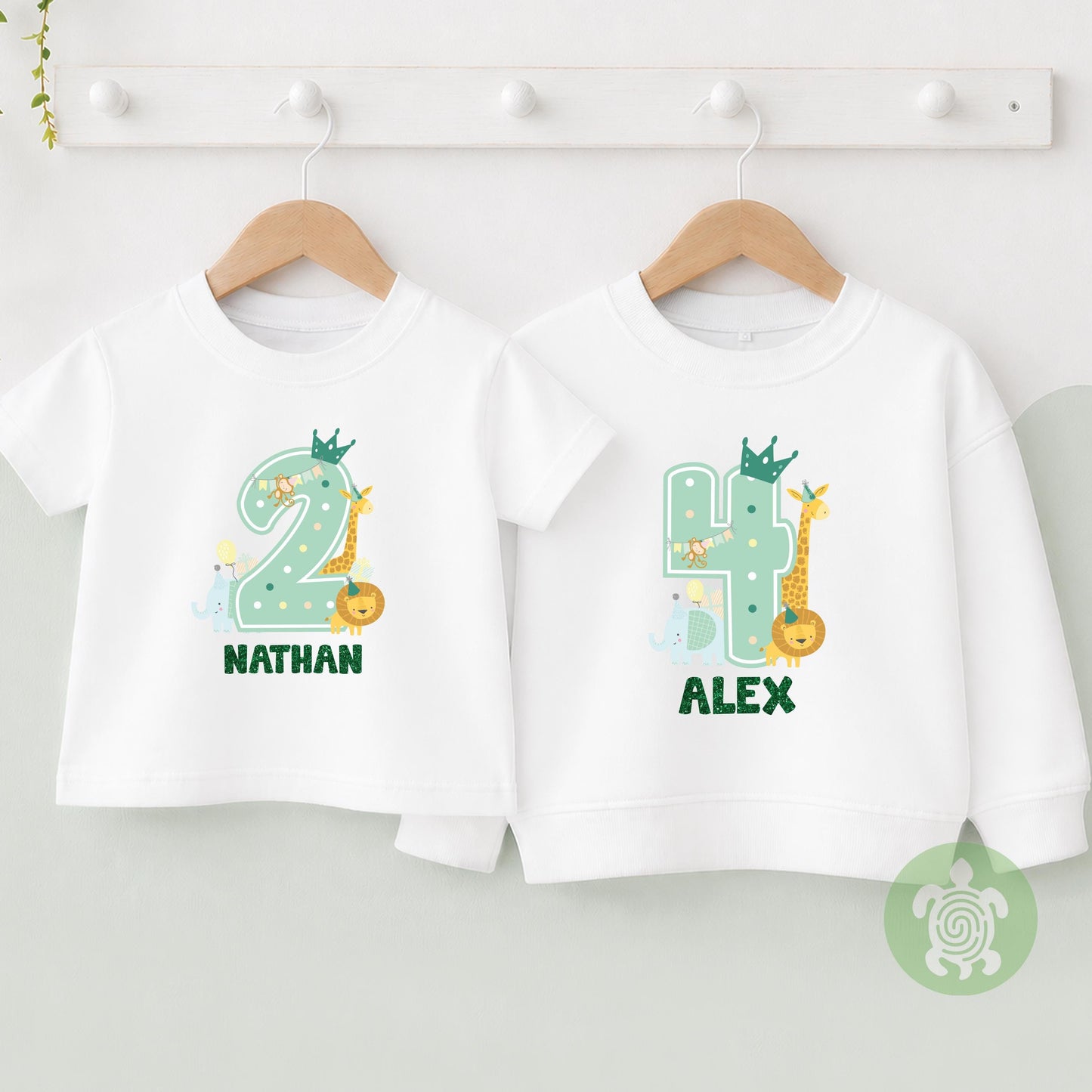 Green 1st 2nd Birthday Boy Animal Theme Party T-shirt, Personalised First Second Birthday design with Green Glitter Print Any Age