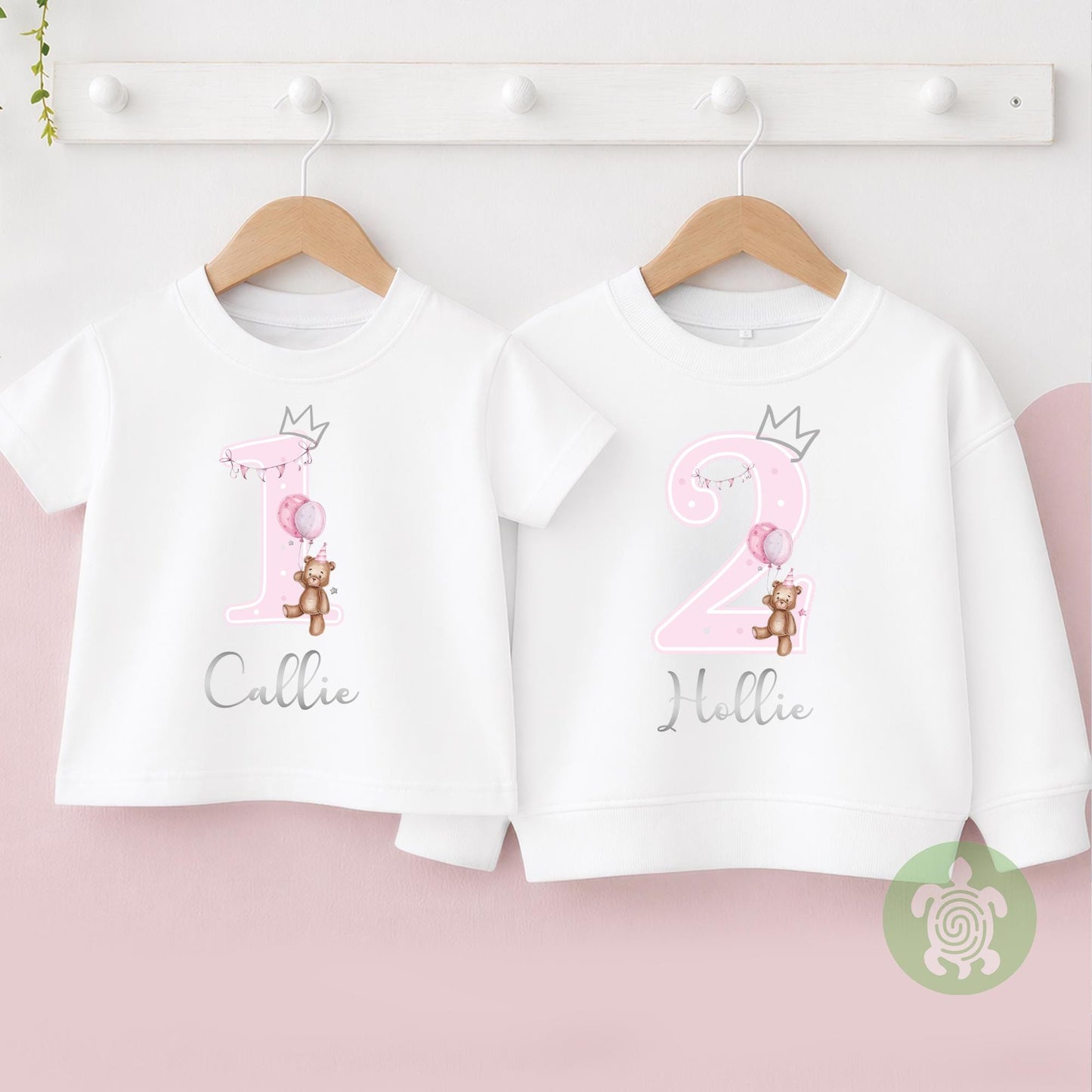 Teddy Bear Pink Birthday Girl Party T-shirt Top, Personalised 1st 2nd 3rd Birthday design with Metallic Silver Print Children's Clothing